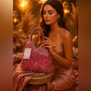 Handcrafted Pink Beaded Fringe Shoulder Bag Made in India NWT